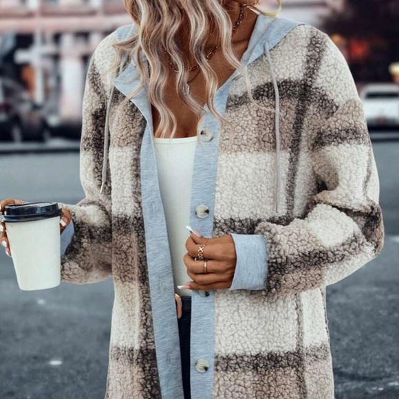 New plaid print button down hoodie jacket - Picture 3 of 6